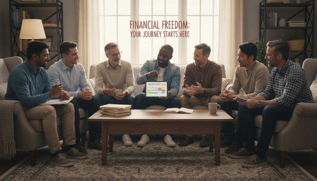 Diverse group of men over 40 discussing financial independence in a casual, supportive living room setting.