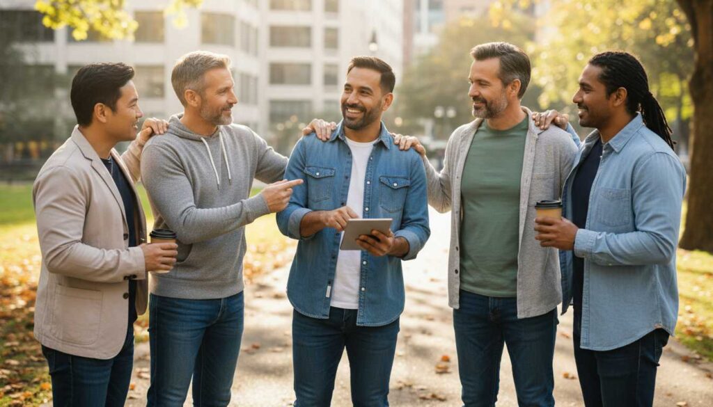Group of men over 40 supporting each other for a financial reset
