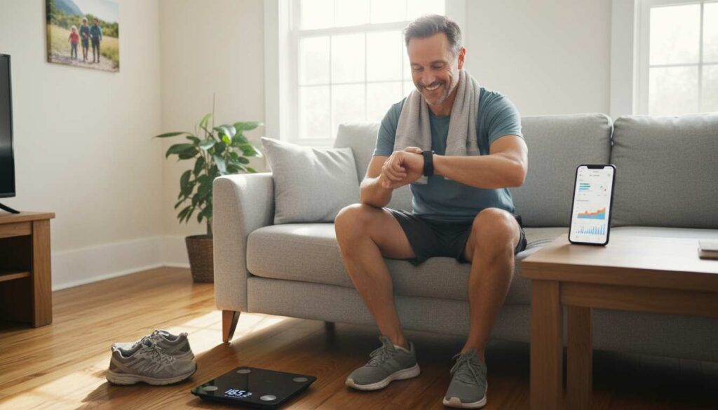 Man in his 40s smiling at his fitness tracker after a home workout, with a smart scale and smartphone visible in a cozy living room