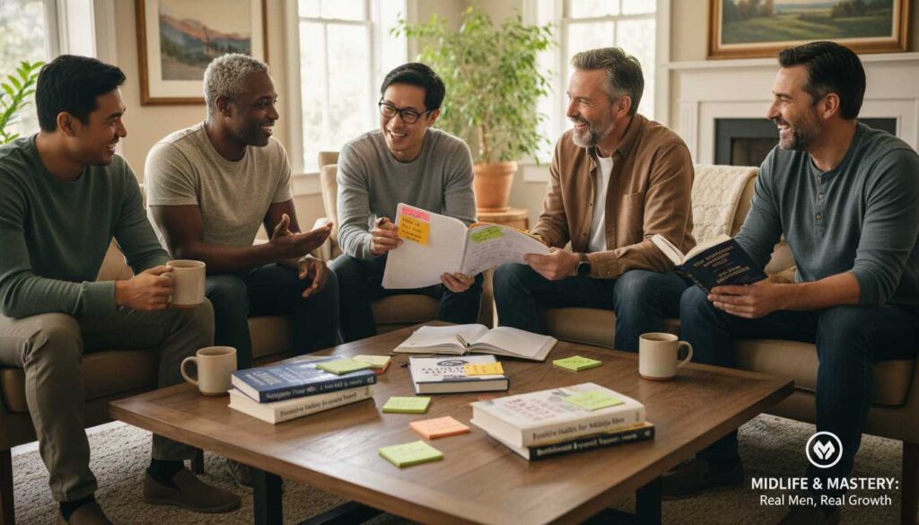 Diverse group of men over 40 supporting each other at a kitchen table, symbolizing mindset, resilience, and personal growth in 2026.