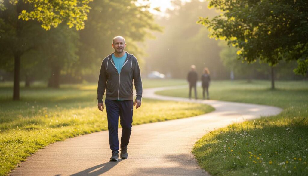 Man over 40 walking in a park at sunrise, reflecting on mindset change and positive new beginnings