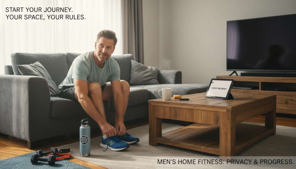 Man in his 40s sitting on a living room couch, looking motivated to start a home fitness journey, with sneakers and water bottle nearby.