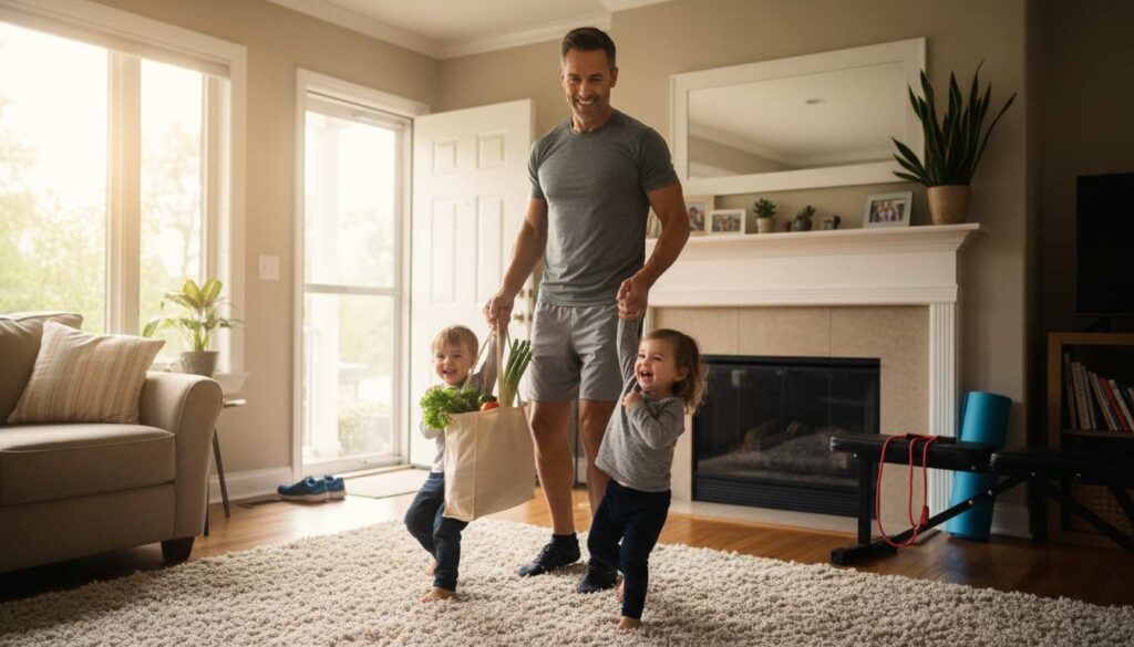 Man over 40 carrying groceries and playing with kids, showing benefits of strength training