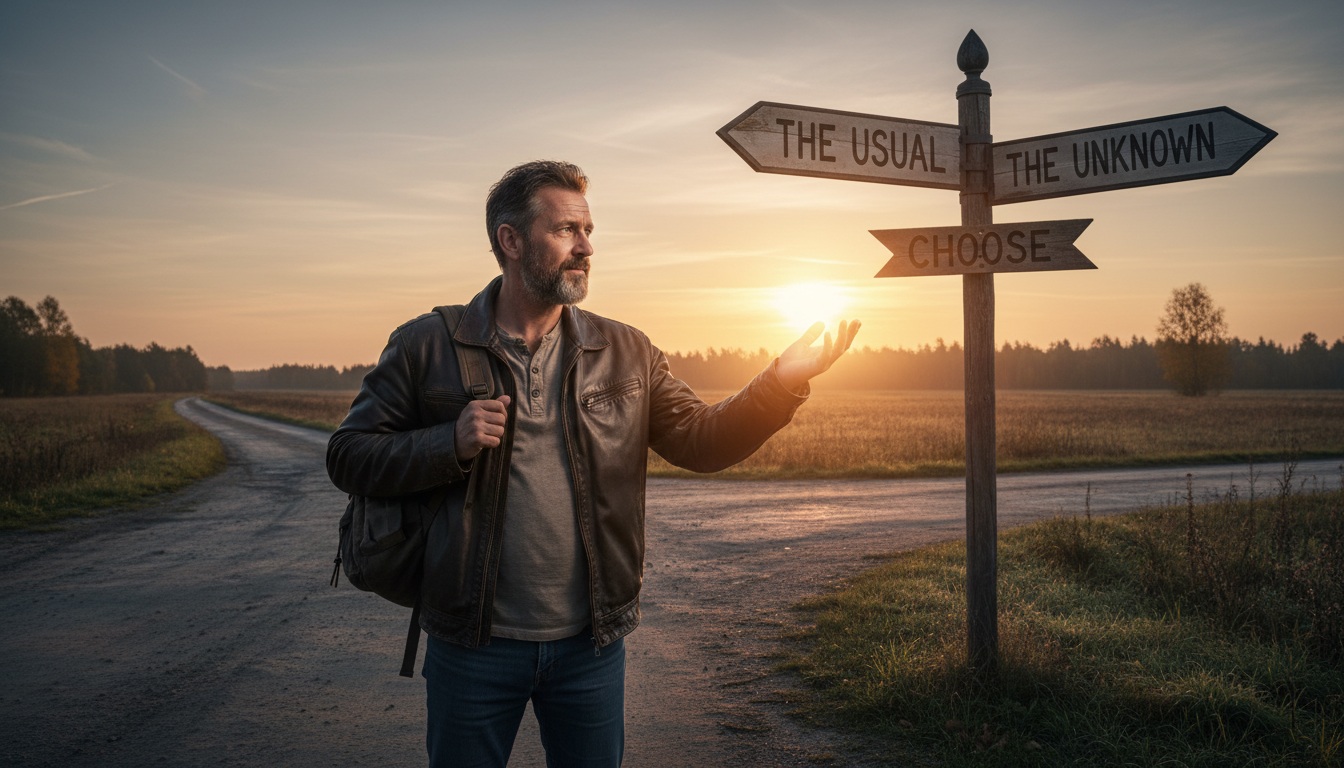 Man in his 40s standing at crossroads at dawn symbolizing breaking free from feeling stuck and choosing a new direction in life