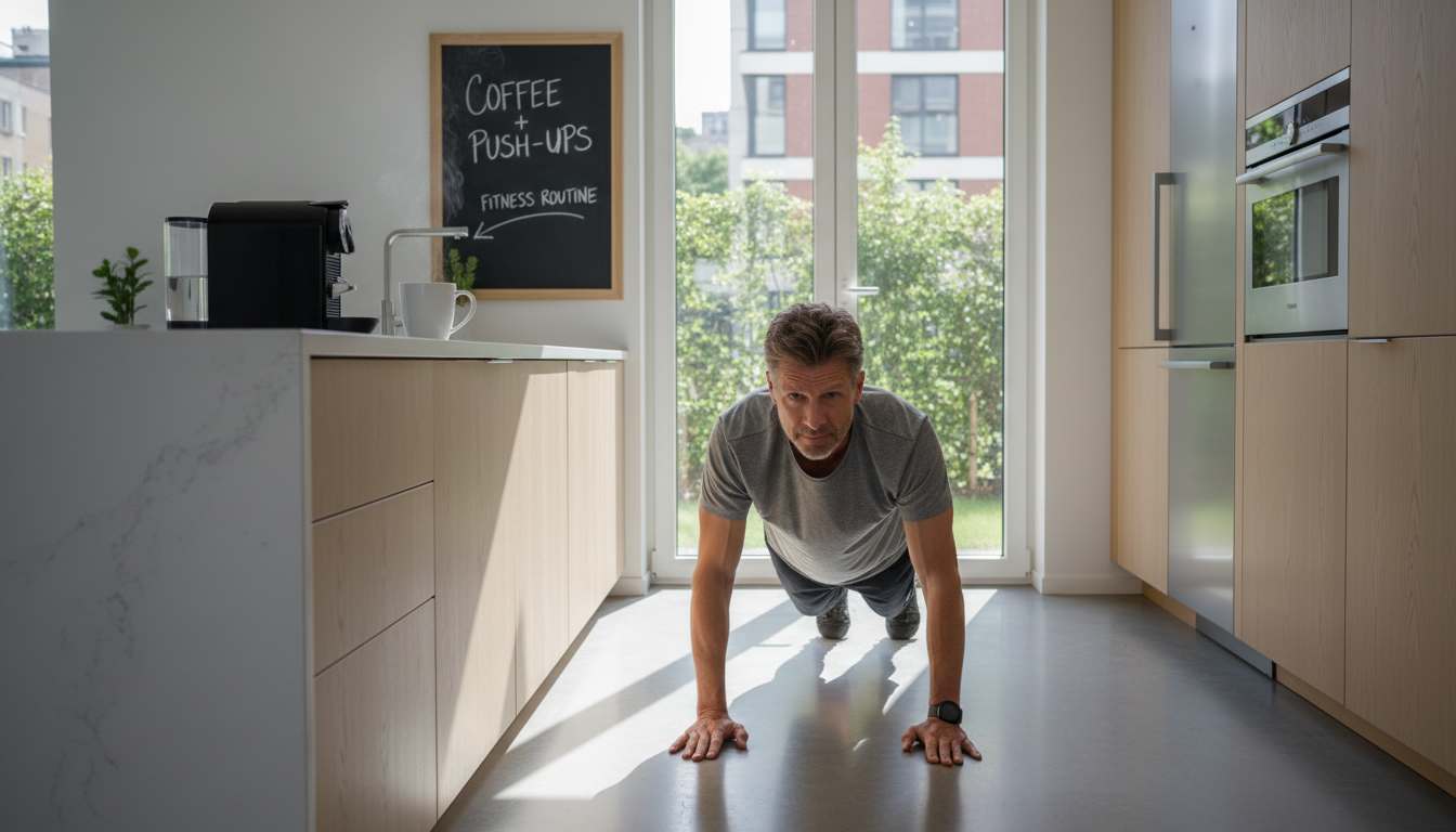 Man in his 40s doing push-ups in modern kitchen after pouring morning coffee, demonstrating habit stacking for fitness routines