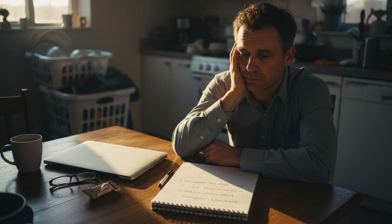 Man decompressing after work at home, showing burnout signs and work-life balance reset for men
