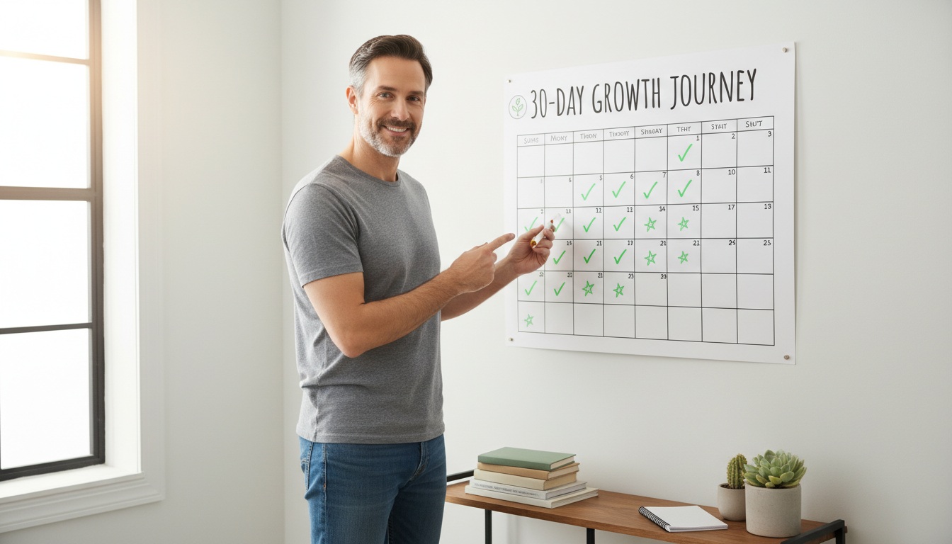 Man in his 40s starting 30 day habit challenge with calendar showing progress marks, representing sustainable habit transformation and personal growth