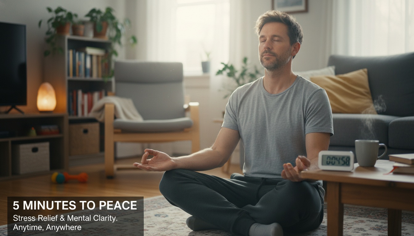 Man in his 40s practicing simple 5-minute meditation at home for stress relief and mental clarity