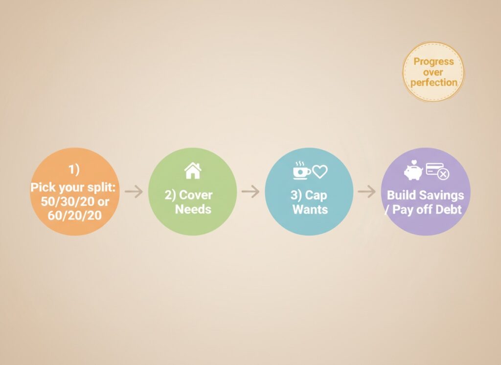 50/30/20 rule and 2026 budget roadmap showing needs, wants, and savings or debt payoff