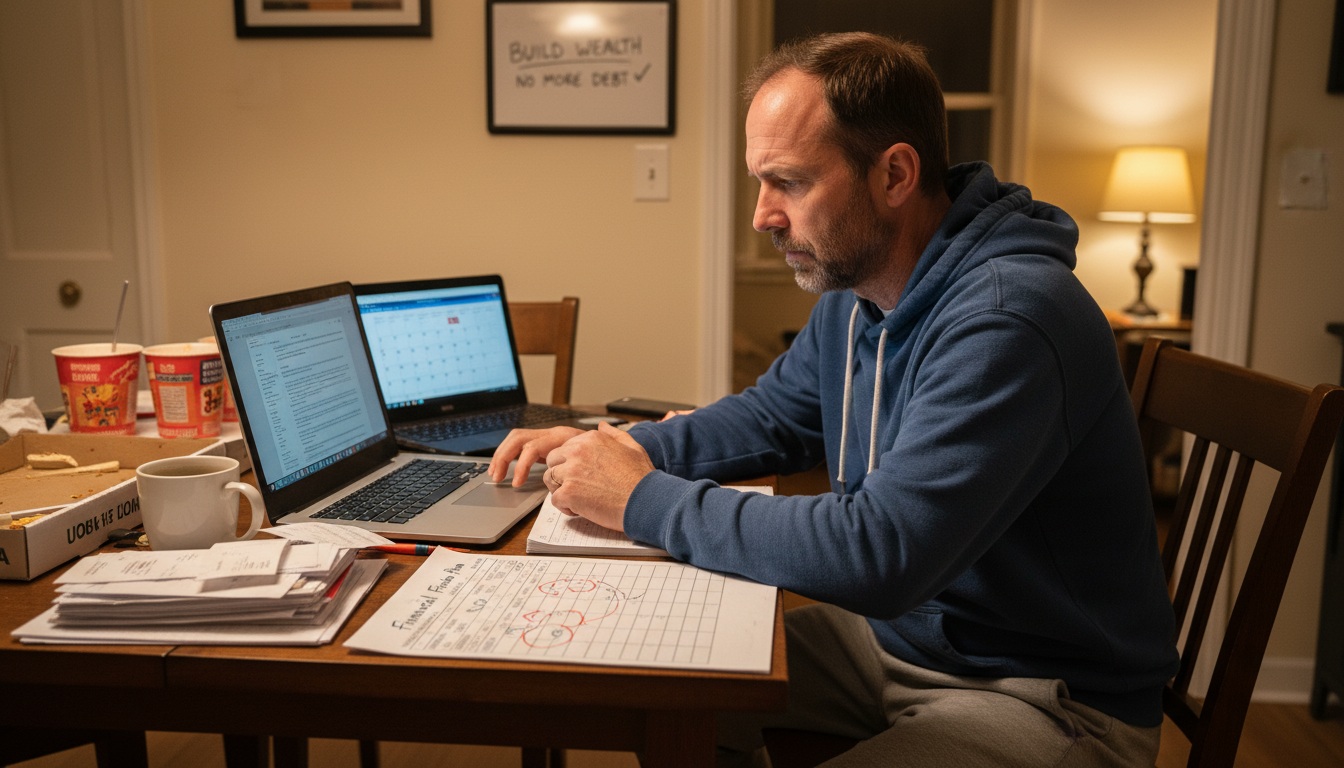 Man in his 40s planning budget at home to break free from paycheck to paycheck cycle and achieve financial freedom