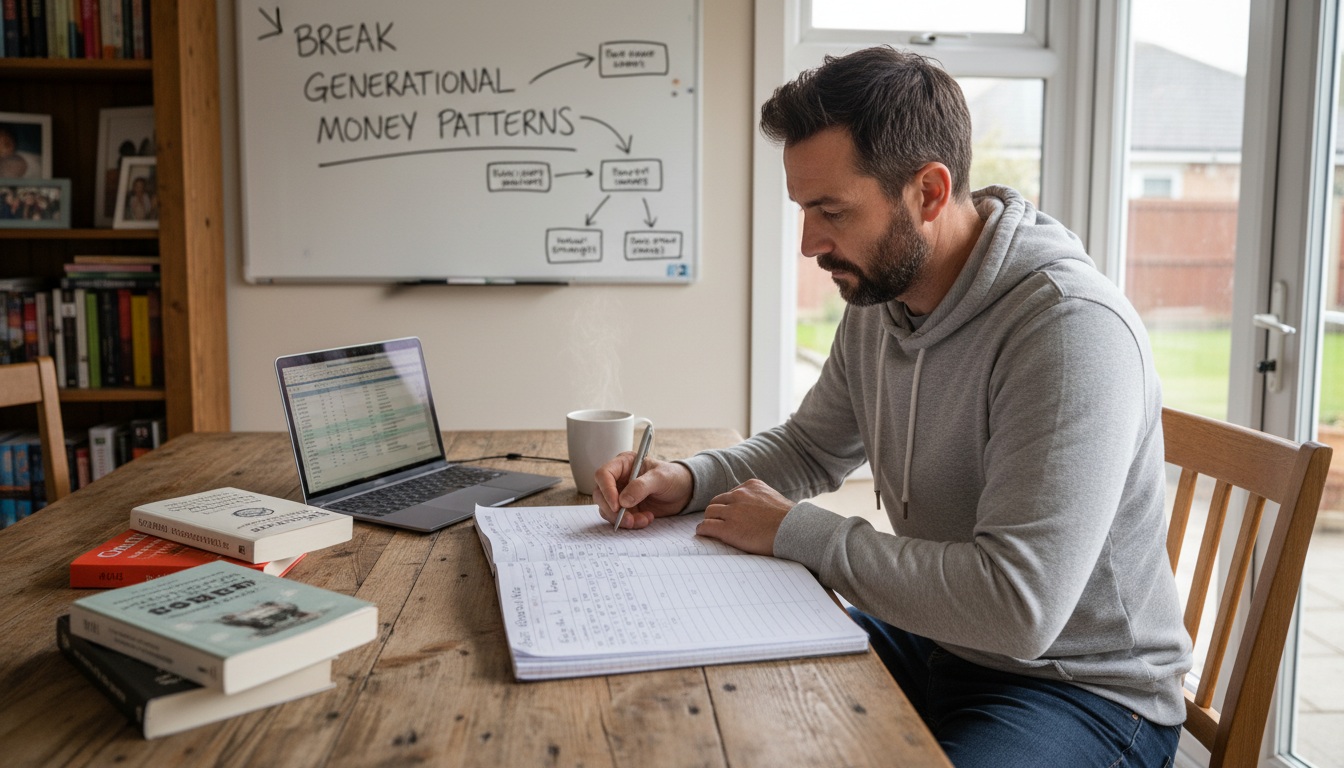Man in his 40s writing in notebook planning finances to break generational money patterns at home