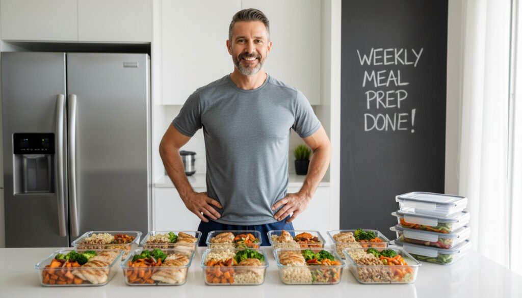 Confident man in his 40s with completed weekly meal prep containers showing commitment to health and nutrition