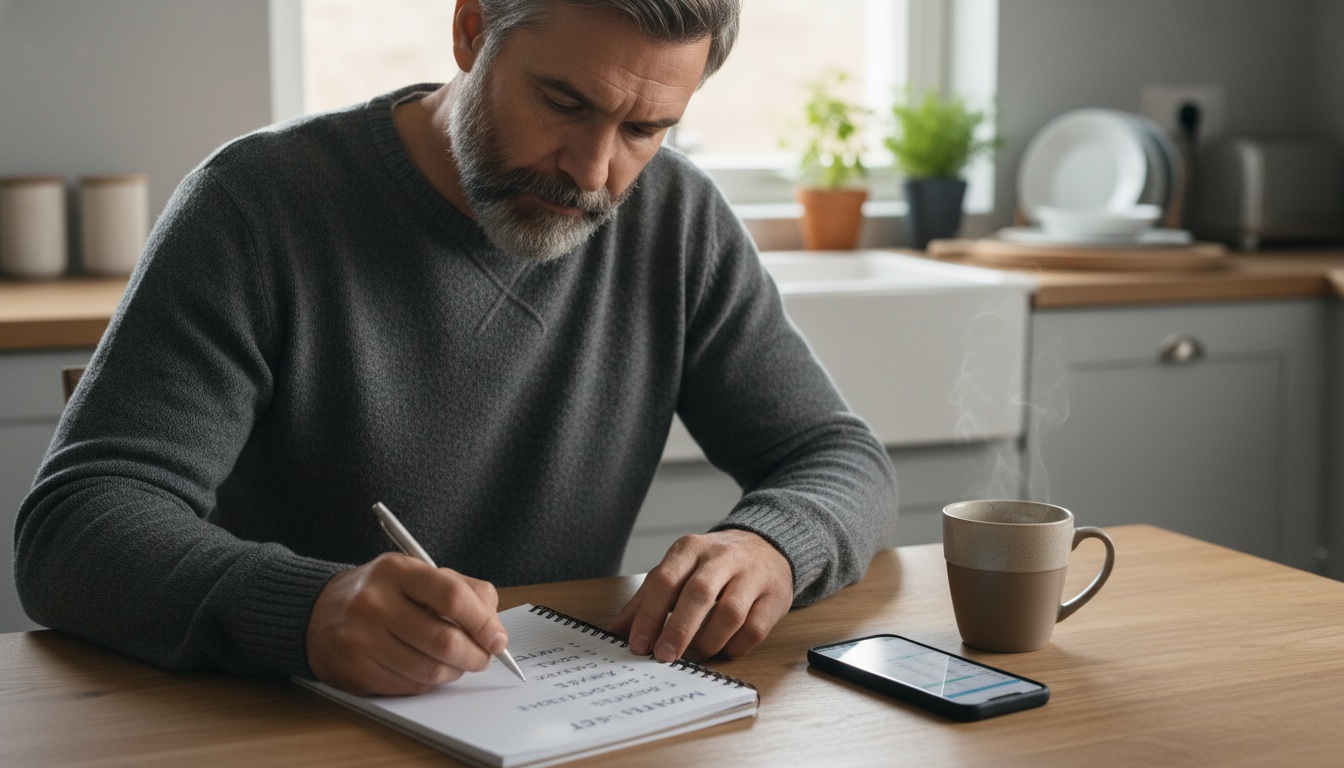 Man in his 40s using a simple budget categories list in a notebook at a kitchen table