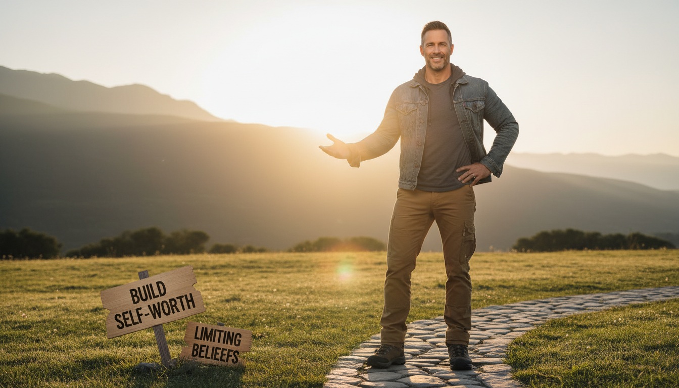 Confident man in his 40s standing outdoors at sunrise ready to build self-worth and overcome limiting beliefs