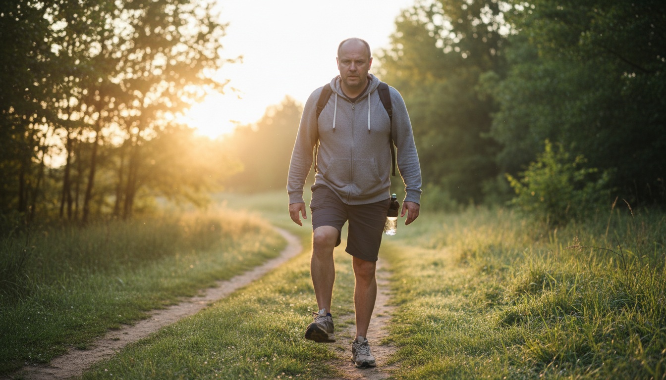 Man in his 40s building confidence through action by taking first step on morning path