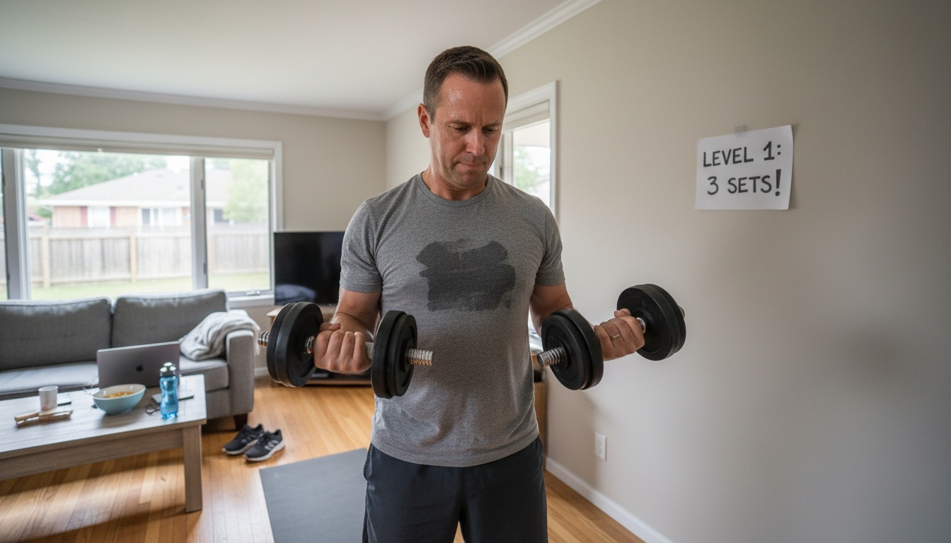 Man in his 40s doing strength training at home with dumbbells - beginner workout for men over 40