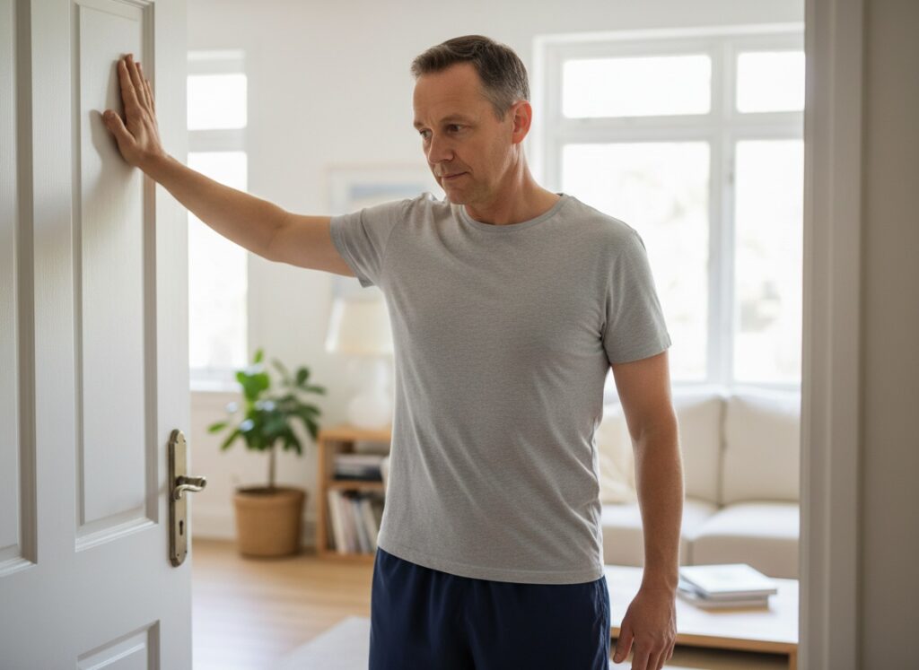 Man over 40 doing a doorway chest stretch cool-down at home