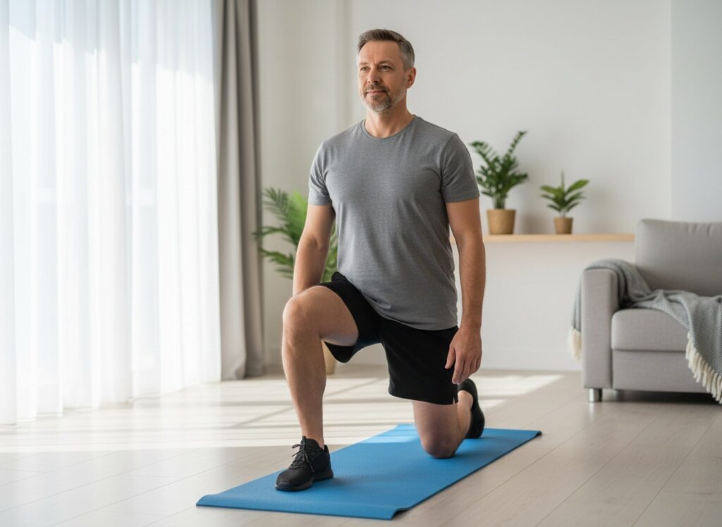 Man over 40 doing a half-kneeling hip flexor stretch cool-down