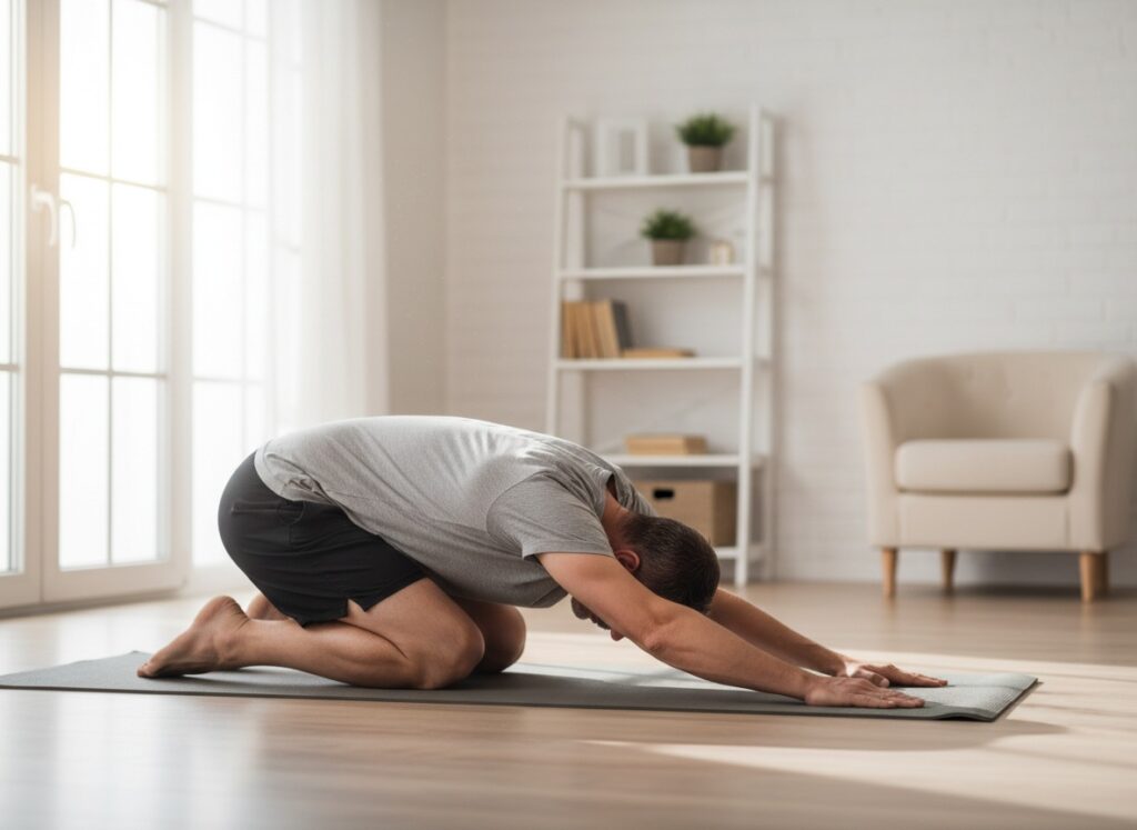 Man over 40 doing child’s pose breathing as a cool-down on a mat