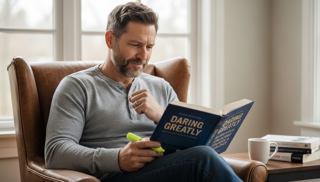 Man in his 40s showing courage and vulnerability - Daring Greatly book review for men over 40 seeking personal growth and mental resilience