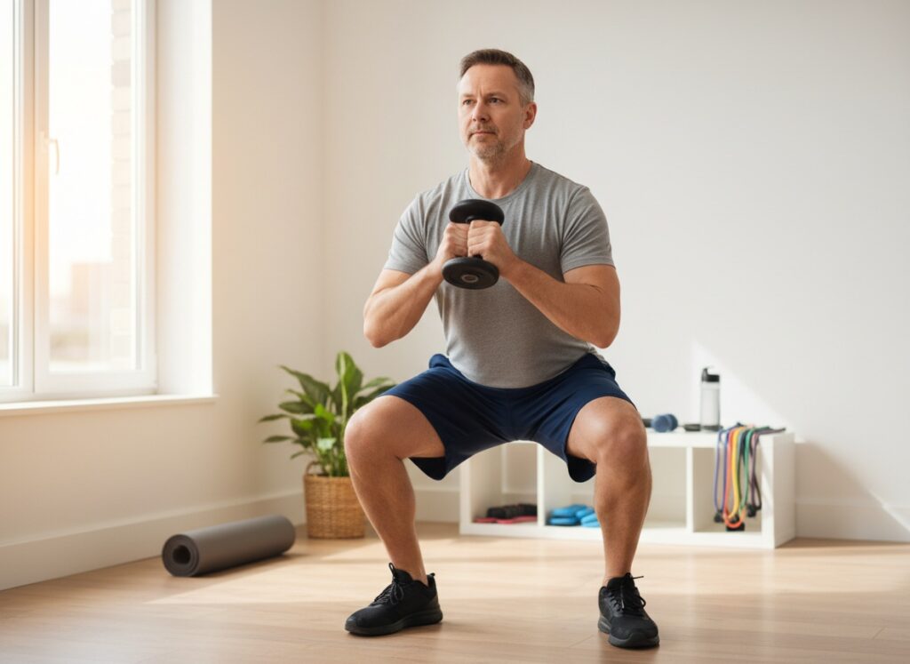 Man over 40 doing a goblet squat with a dumbbell at home