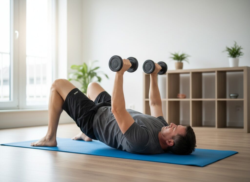 Man over 40 doing a dumbbell floor press on a mat at home