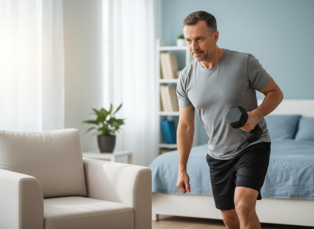 Man over 40 doing a supported one-arm dumbbell row using a chair