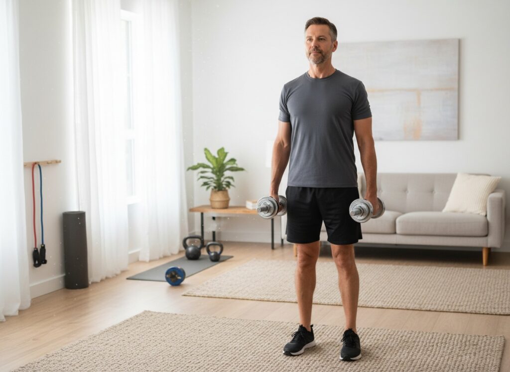 Man over 40 holding dumbbells at his sides for a farmer’s carry at home