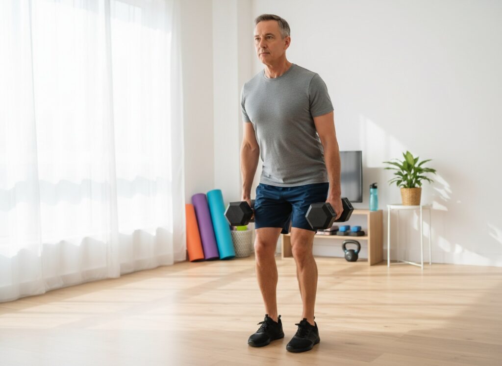 Man over 40 doing a dumbbell Romanian deadlift at home with a neutral spine