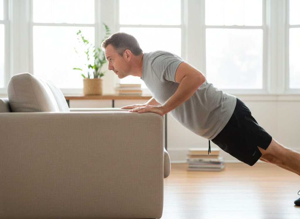 Man over 40 doing incline push-ups with hands on a couch at home
