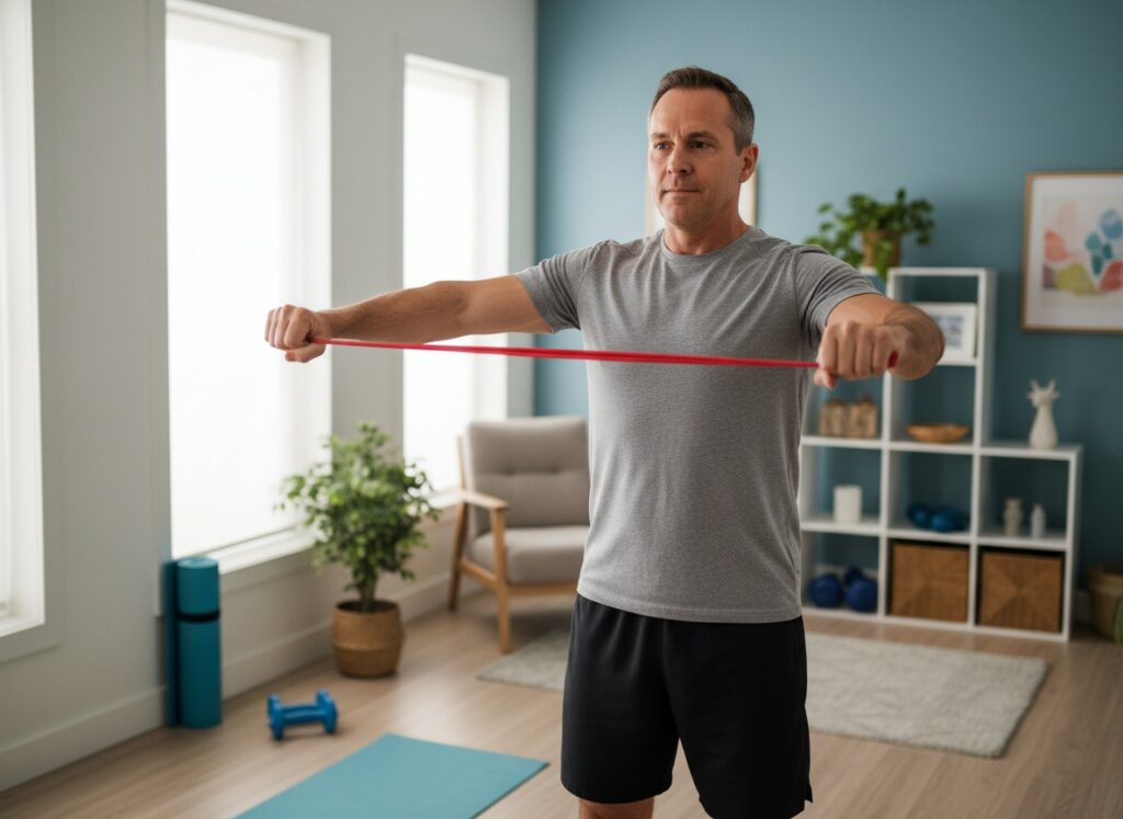 Man over 40 doing resistance band pull-aparts at chest height
