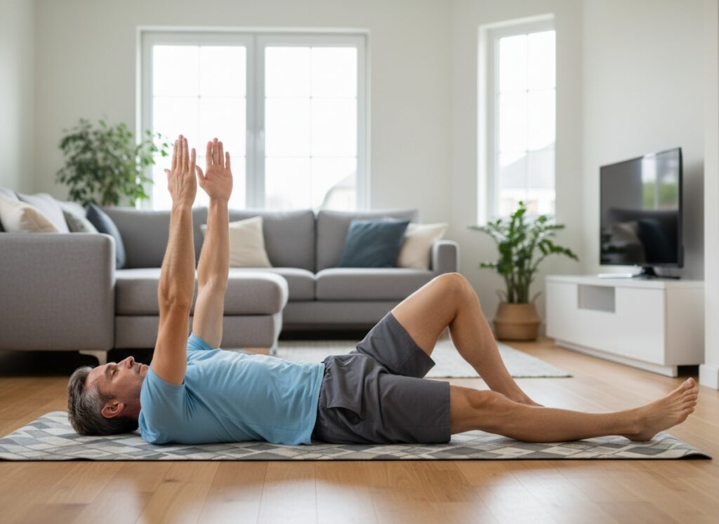 Man over 40 doing a dead bug core exercise on a mat at home