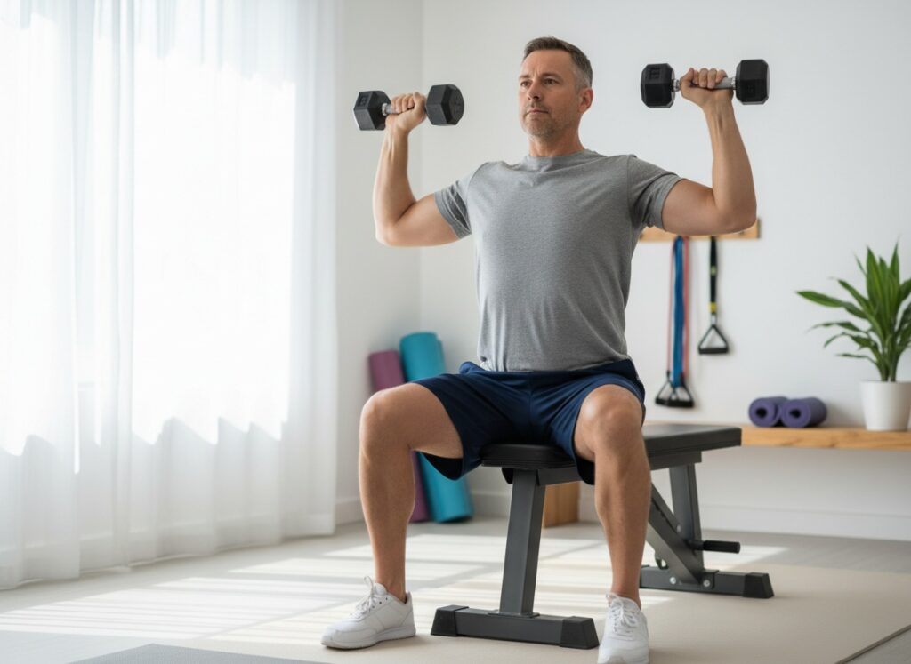 Man over 40 doing a seated dumbbell shoulder press at home with controlled form