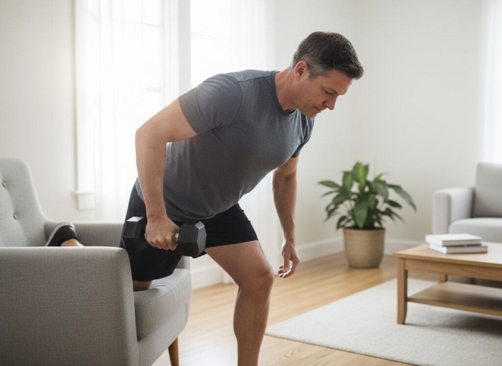 Man over 40 doing a supported one-arm dumbbell row using a chair at home