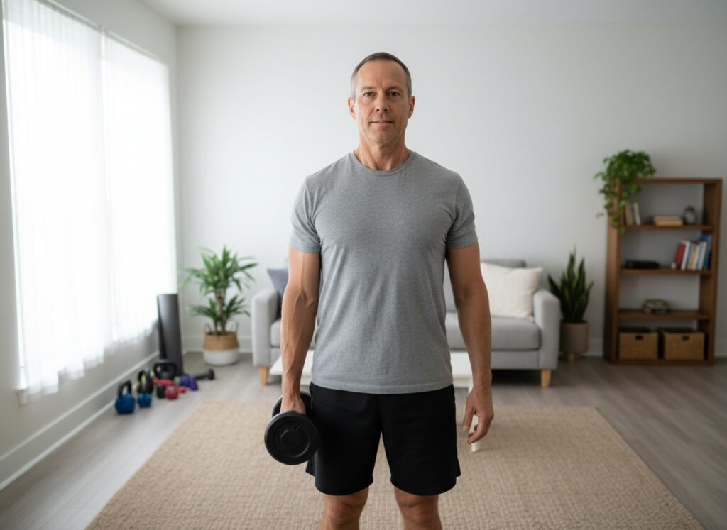 Man over 40 doing a suitcase carry at home holding one dumbbell without leaning