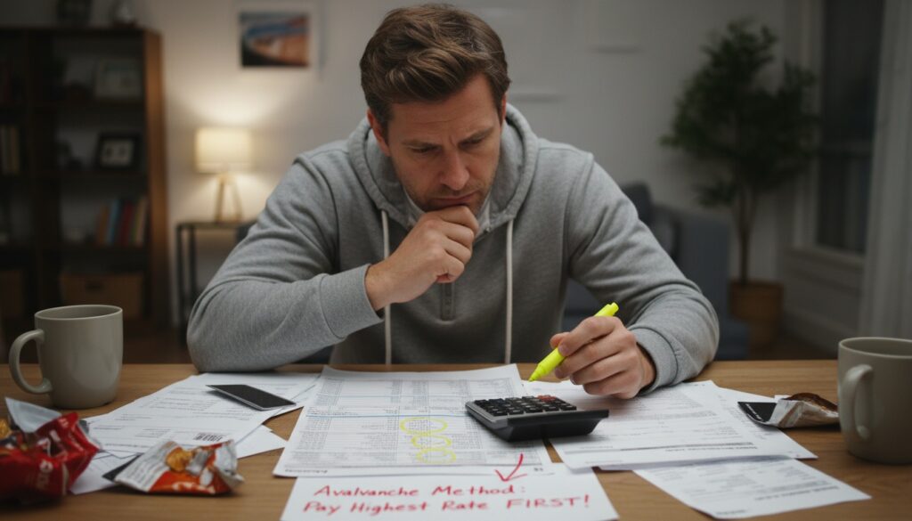 Man analyzing debt interest rates with calculator and highlighter to prioritize highest interest debt using avalanche method