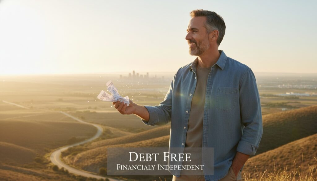 Man in his 40s looking toward bright future representing debt-free life and financial freedom after completing debt payoff journey