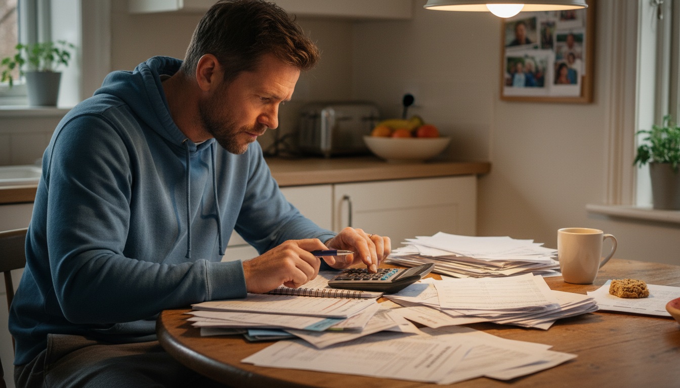 Man in his 40s creating debt payoff plan at kitchen table with calculator and bills