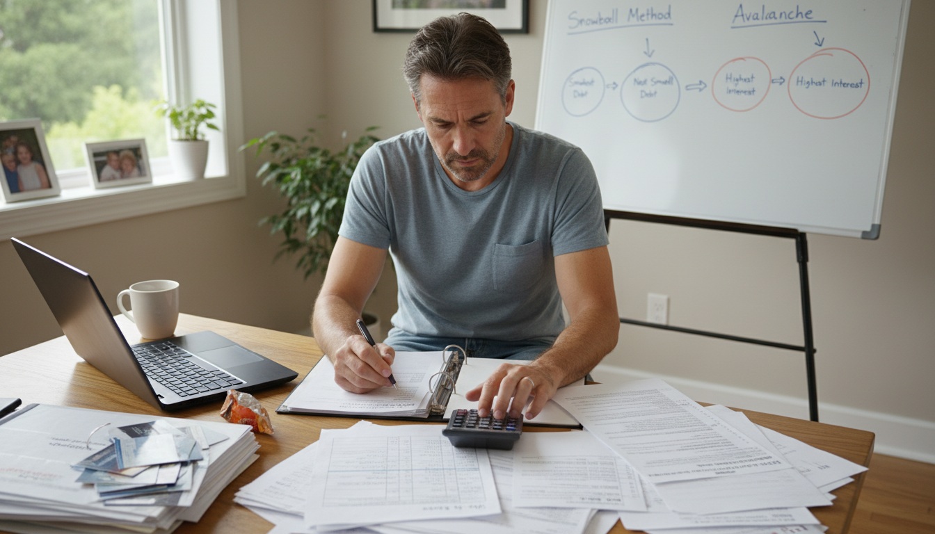 Man organizing debt bills from smallest to largest demonstrating the debt snowball method for paying off credit cards and loans