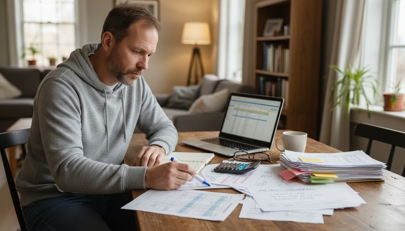 Man in his 40s working on debt payoff plan at home with calculator and financial documents using snowball or avalanche method