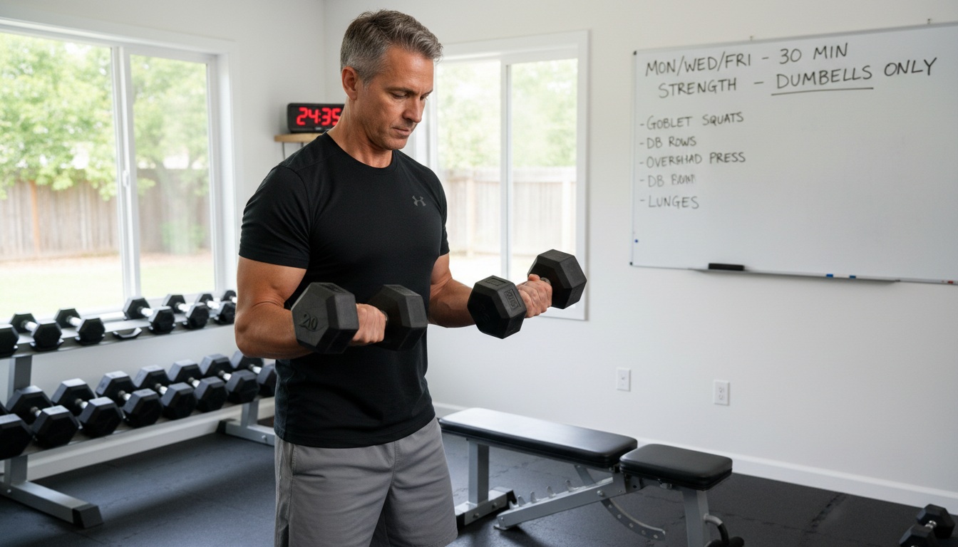 Dumbbell-only home workout for men over 40 using dumbbells in a home gym