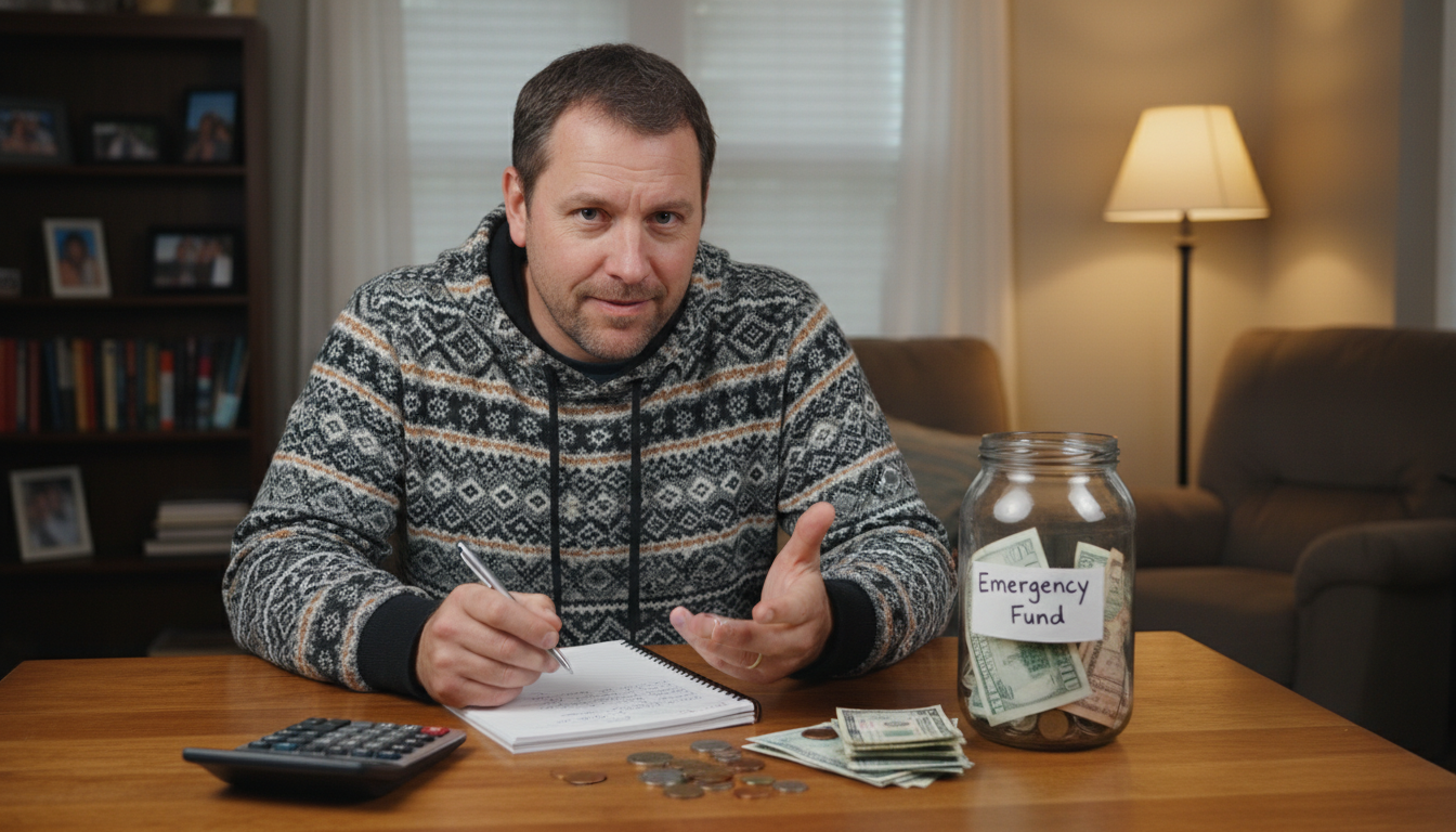 Man in his 40s planning emergency fund savings at home with notebook and cash jar