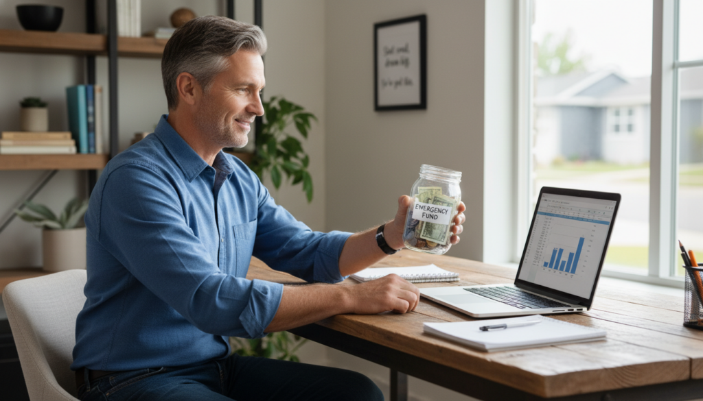 Confident man over 40 starting his financial journey with emergency fund savings and determination