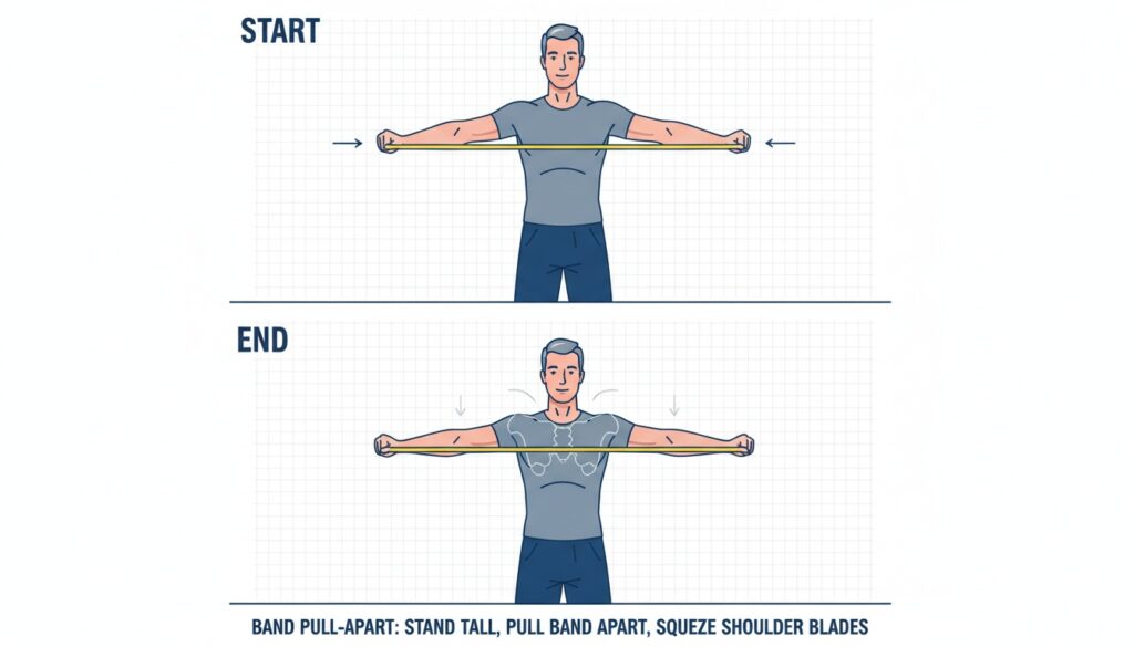 Man performing a band pull-apart with arms at chest height, pulling a resistance band outward to squeeze the upper back