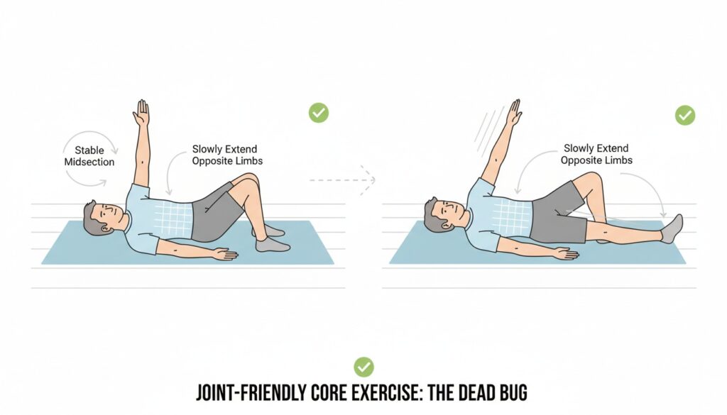 Man performing a dead bug exercise lying on his back with arms up and one leg extended while keeping the lower back stable