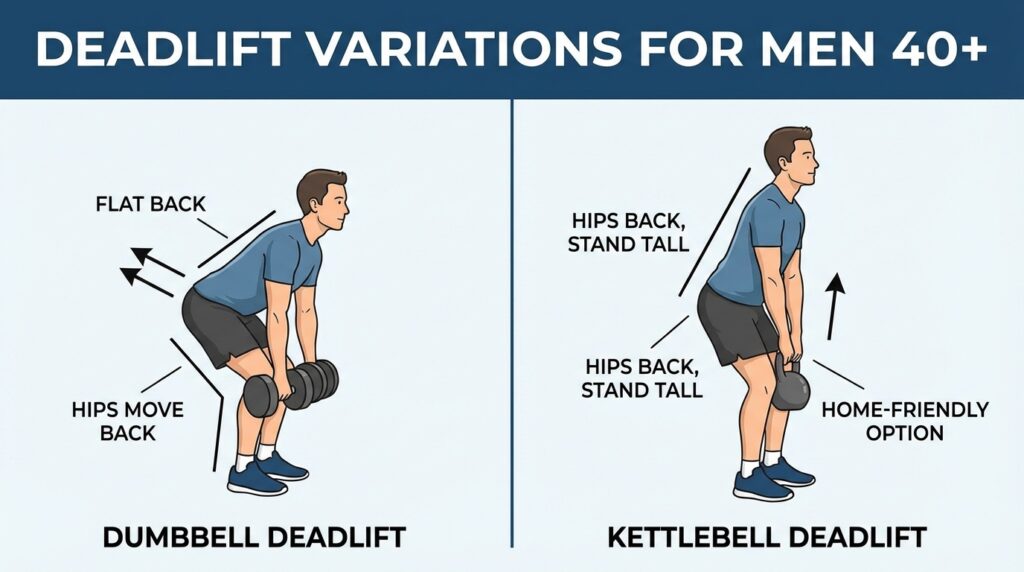 Split illustration showing a dumbbell deadlift and a kettlebell deadlift with hips pushed back and a neutral spine