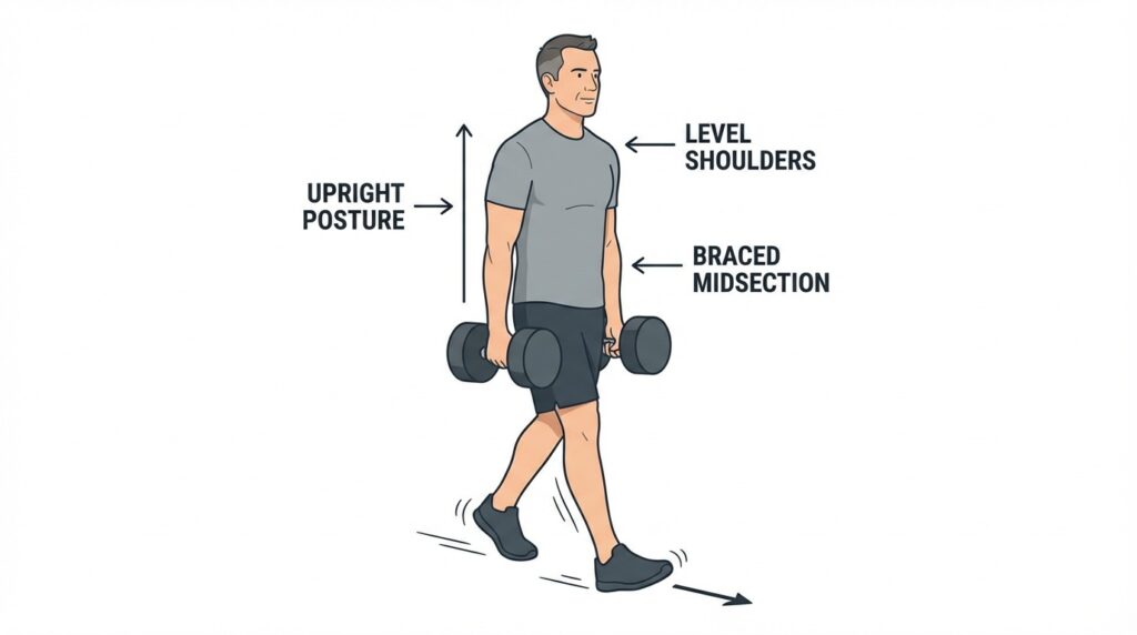 Man performing farmer carries by walking while holding two dumbbells at his sides with tall posture and controlled steps