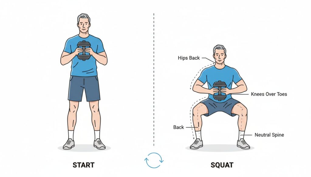 Man performing a goblet squat holding a dumbbell at chest level, showing start and bottom positions with heels down and chest up