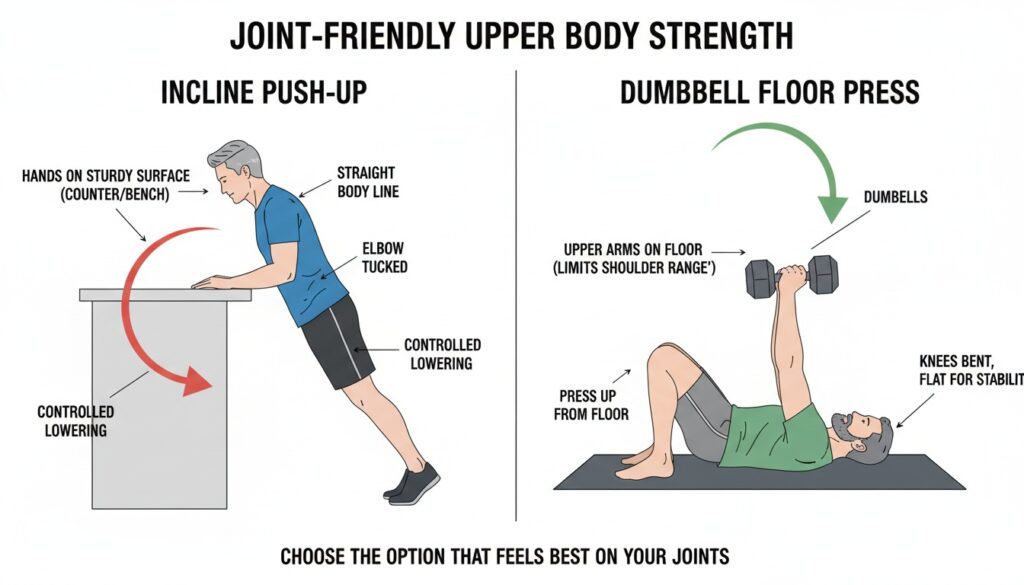 Split illustration showing an incline push-up on a counter and a dumbbell floor press with start and end positions for each