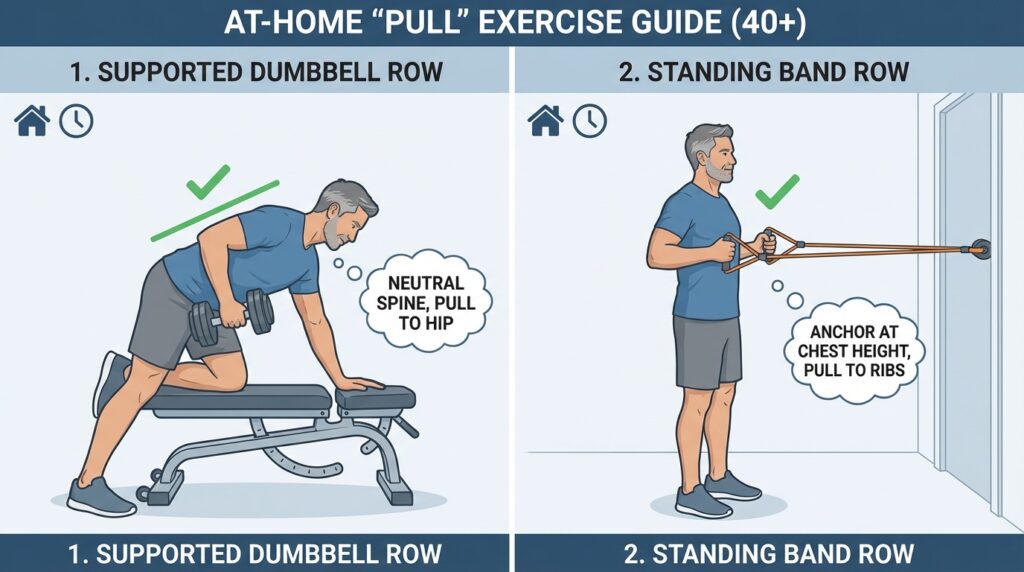 Split illustration showing a one-arm dumbbell row with bench support and a standing resistance band row anchored at a door